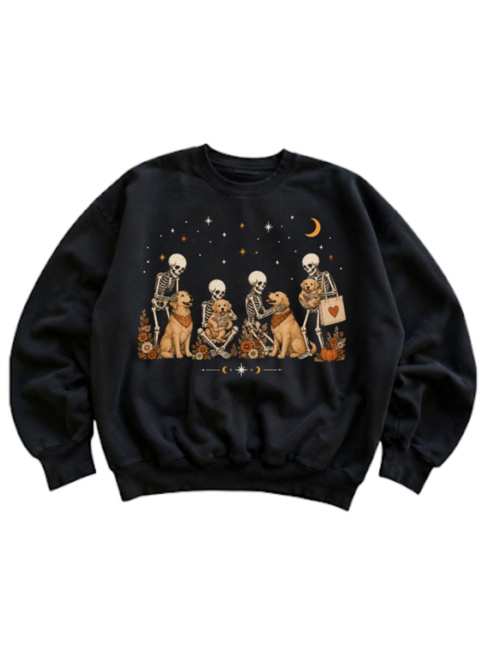 Gildan Black Crewneck Sweatshirt with Skeletons and Dogs Graphic